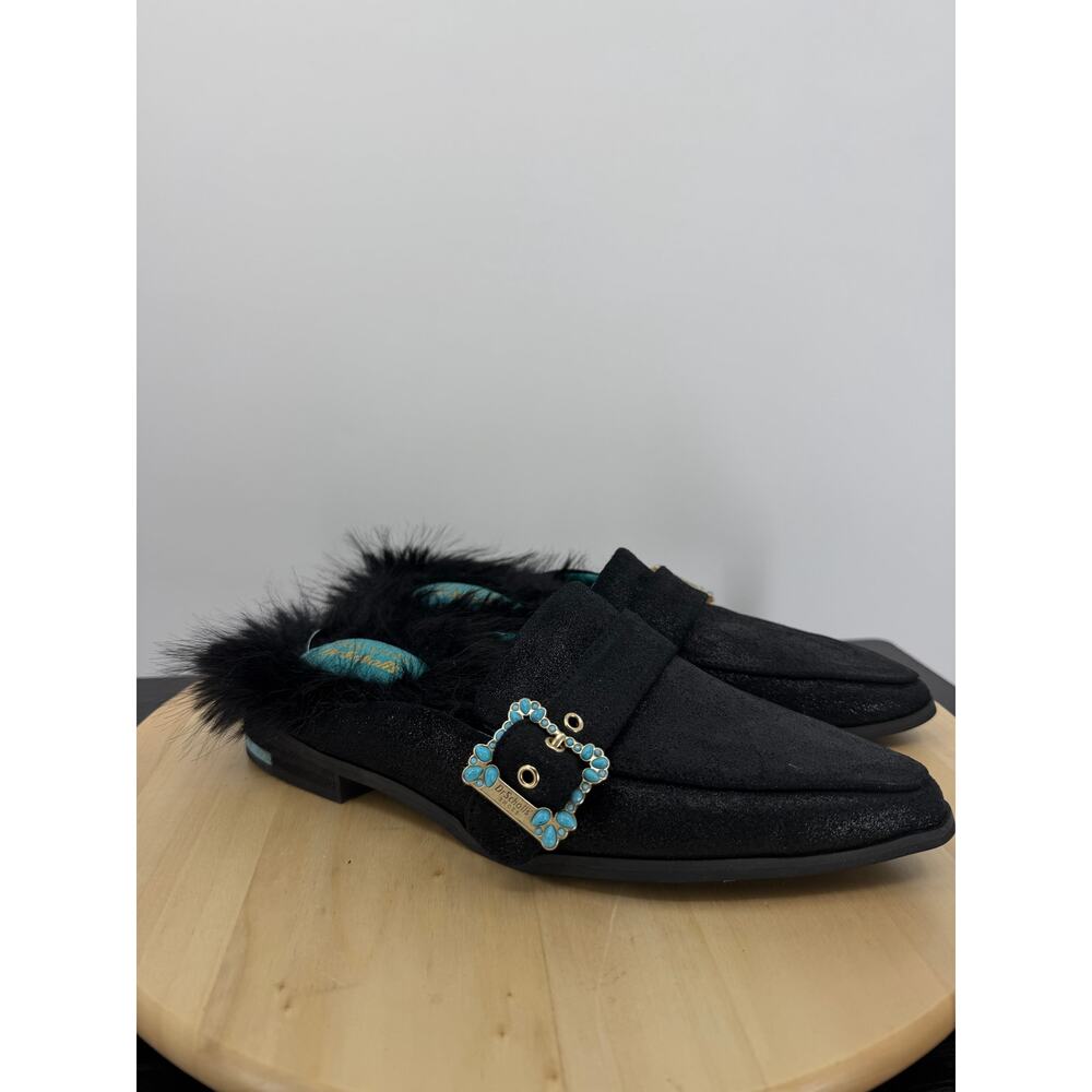 Dr. Scrolls x Iris Apfel Leather Faux Fur Mule Size 8 Black Artsy Maximalist - Picture 2 of 11